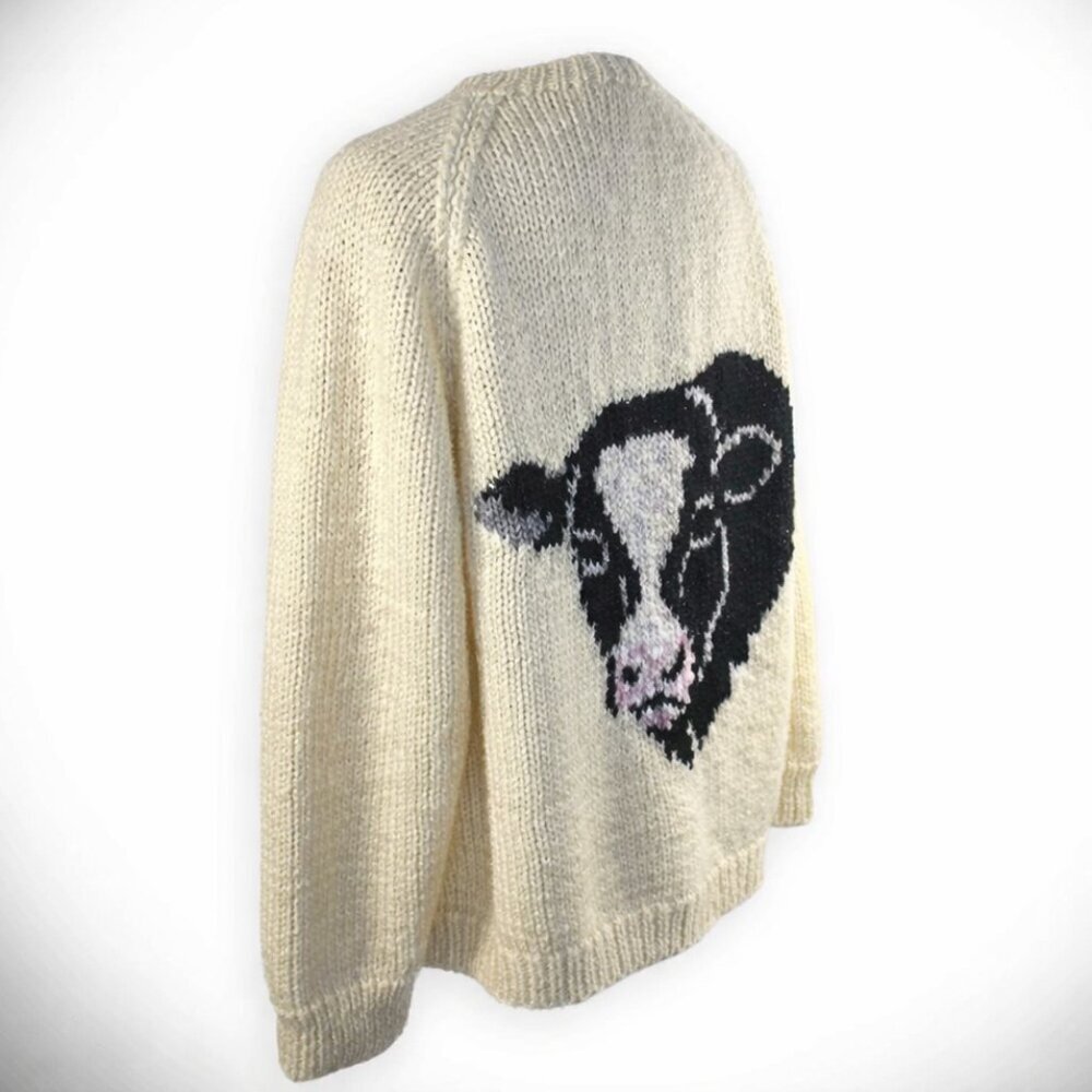 Hand Knit Custom Designer Heavy Cable Calf Face Cream V-Neck Sweater Size Large - Picture 5 of 8